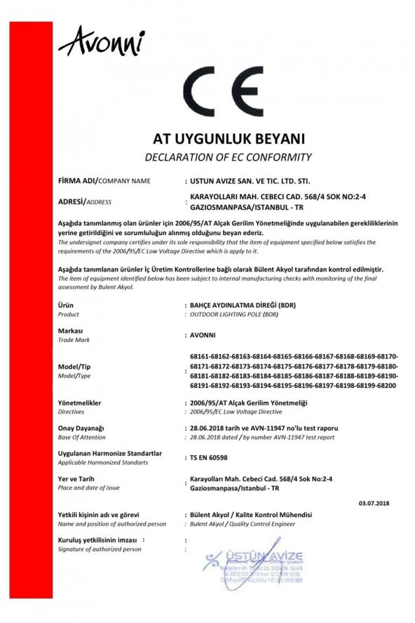 AVONNI BDR-68184-2BSY-M2 Siyah Boyalı Dış Mekan Aydınlatma E27 Çelik Boru ABS Polikarbon Cam 70x30cm - 6