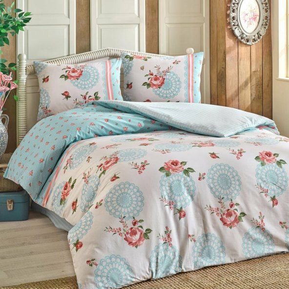 Brielle Nilüfer Ranforce Çift Kişilik Nevresim Takımı Mavi