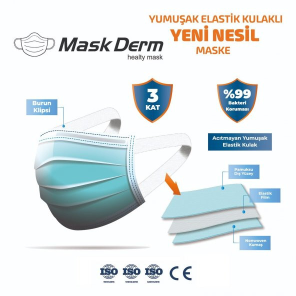 MaskDerm Yumuşak Elastik Kulaklı Cerrahi Maske 50Adet yeni nesil