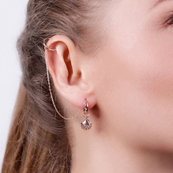 İstiridye Model Zincirli Gümüş Kıkırdak Küpe - 2