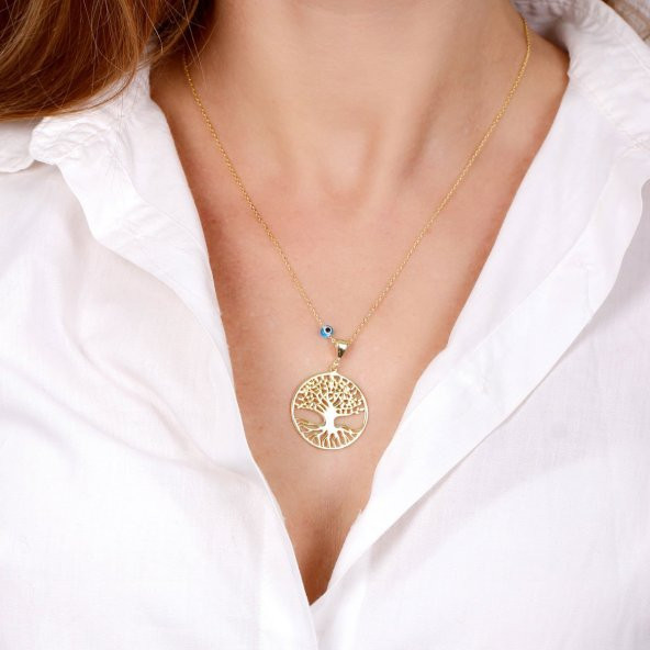 Yaşam Ağacı Model Gold Rengi Gümüş Kolye - 2