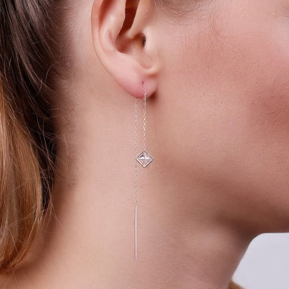 Kare Zirkon Taşlı Zincir Gümüş Küpe - 2