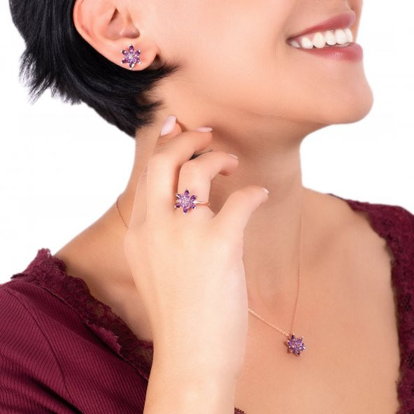 Mor Renk Lotus Model Gümüş Yüzük - 3