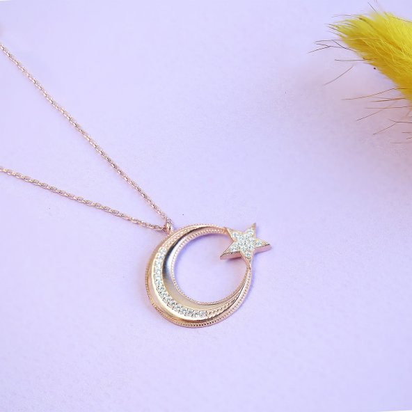 Taşlı Ay Yıldız Gümüş Kadın Kolye - 2