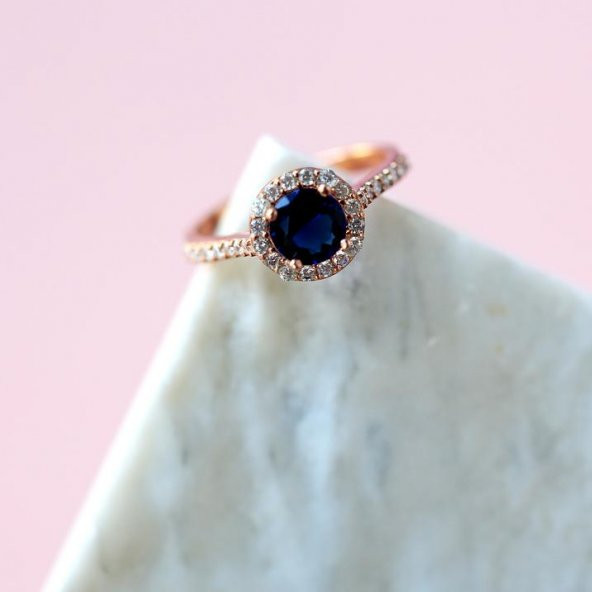 Mavi Oval Taşlı Tektaş Efektli Kadın Gümüş Yüzük - 2