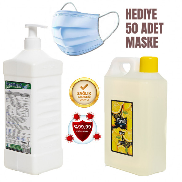 Dezentech Alkol Bazlı El Temizleme Sıvısı(Dezenfektan) 1LT+Ebruli Limon Kolonyası 1LT+HEDİYE 1 KUTU Medikal Maske - 2