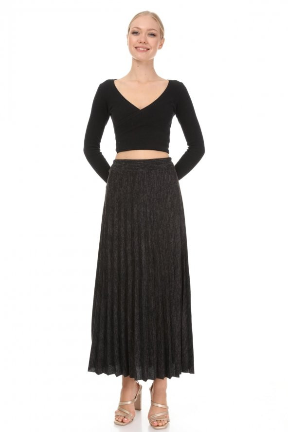 Kadın İthal İtalyan Antrasit Beli Lastikli Pliseli Uzun Etek 16225 - 2