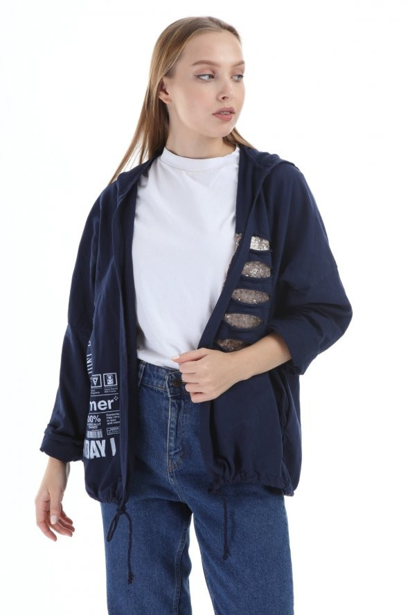 Kadın İthal İtalyan Lacivert Kapüşonlu Lazer ve Payet Detaylı Sweatshirt 16288 - 2