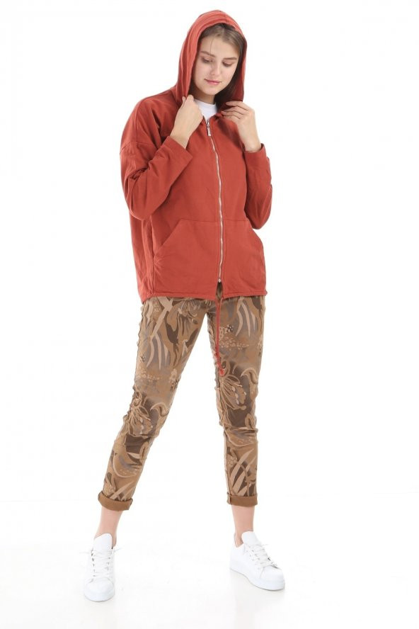Kadın İthal İtalyan Kiremit Kapşonlu Fermuarlı Sweatshirt 16313 - 2