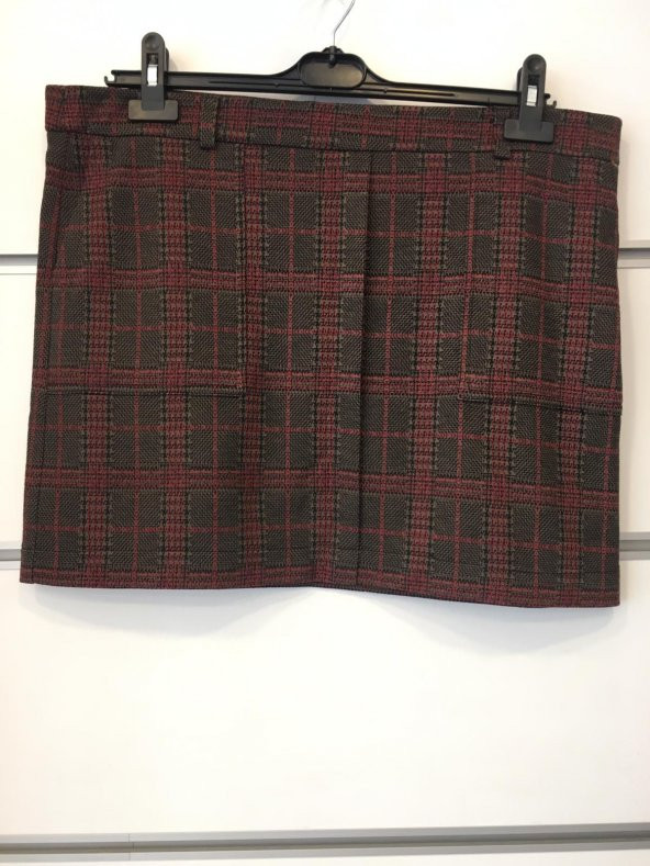 Kadın Siyah-Bordo Ekose Desen Mini Etek 11028 - 2