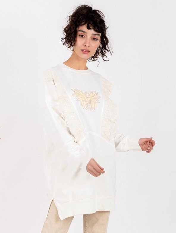 Kadın Ekru Tül Detaylı Sweatshirt 10586 - 2