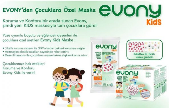 Evony Yumuşak Elastik Kulaklı 3 Katlı Telli Cerrahi Maske Kids(Çocuk) 10'lu x 16 Adet - 5