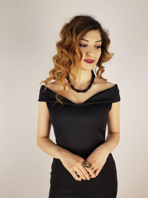 Kadın Siyah Kısa Madonna Yaka Atlas Kumaş Abiye Elbise 10221 - 2