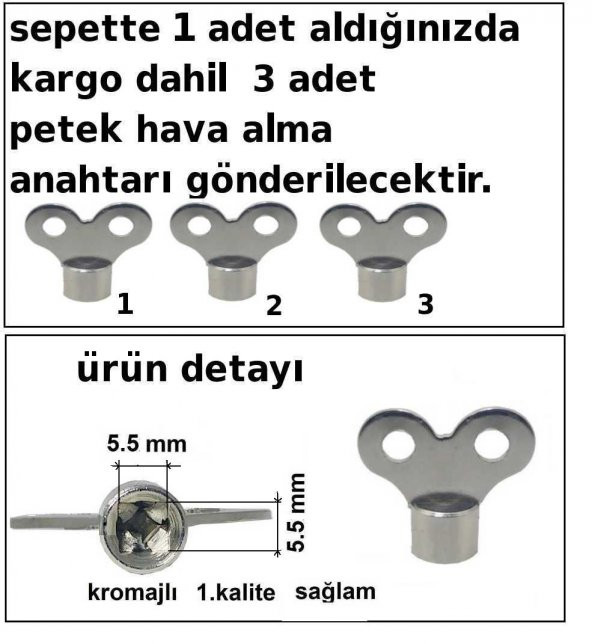 Radyatör Petek Havlupan Hava alma purjör anahtarı 3 adet fiyatı - 3