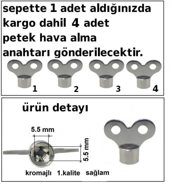 Radyatör Petek Havlupan Hava alma purjör anahtarı 4 adet fiyatı - 3