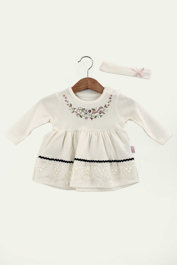 Çiçek İşlemeli Dantel Detaylı Bandanalı Kız Bebek Elbise (Beyaz)