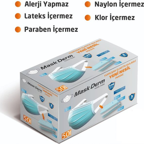 Maskderm Yumuşak Elastik Kulaklı Cerrahi Maske 50 Adet - Mavi - 2