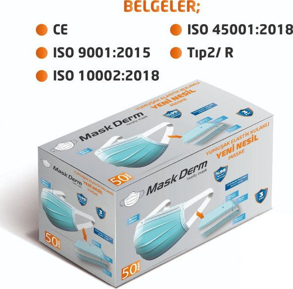 Maskderm Yumuşak Elastik Kulaklı Cerrahi Maske 50 Adet - Mavi - 3