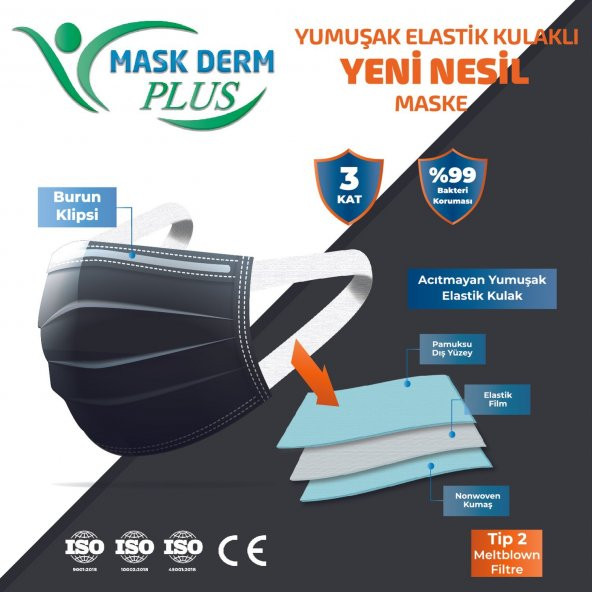 Maskderm Plus TIP2R Meltblown Yumuşak Elastik Kulaklı 3 Katlı Telli Cerrahi Maske 50li ( 10lu Pake - 2