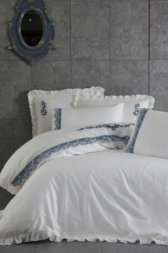 Ecocotton Organik Pamuk King Size 220x240 Nevresim Takımı - Asel Krem-Mavi - 3