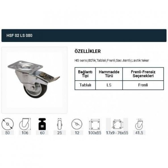 Frenli Döner Tablalı Servis Tekeri Kauçuk Döner Servis Tekeri 80 mm Uygur 1 Adet - Resim 2