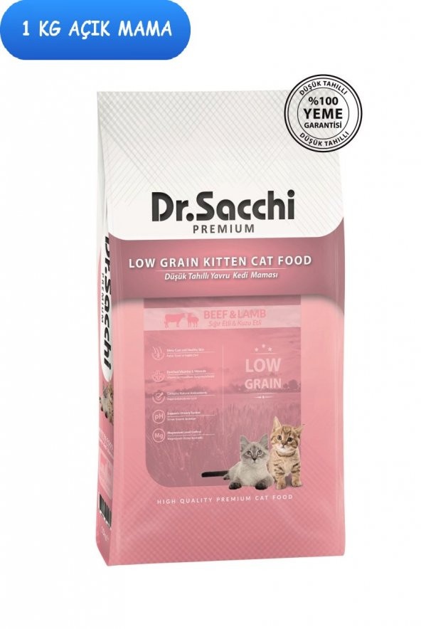Dr.Sacchi Premium Az Tahıllı Biftek Kuzu Yavru Kedi Maması 1 Kg AÇIK