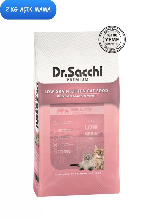 Dr.Sacchi Premium Az Tahıllı Biftek Kuzu Yavru Kedi Maması 2 Kg AÇIK