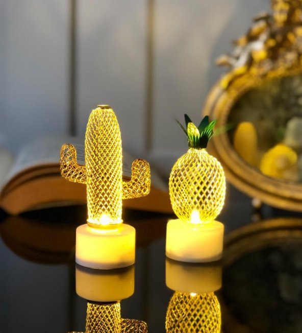 Dekoratif Led Işıklı Mini Metal Kaktüs Ve Ananas Lamba İkili