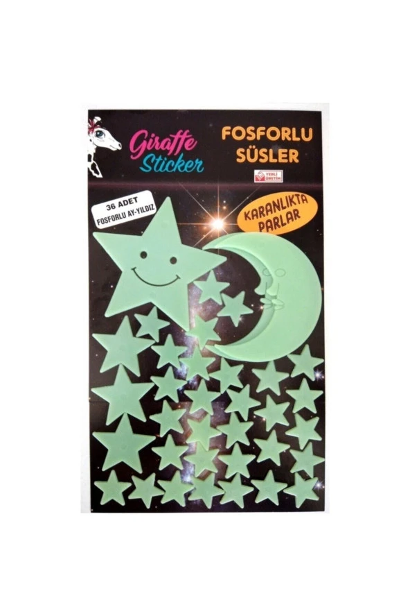Yeşil Karanlıkta Parlayan Fosforlu Ay ve Yıldız Tasarımlı Dekoratif Sticker 36 Adet
