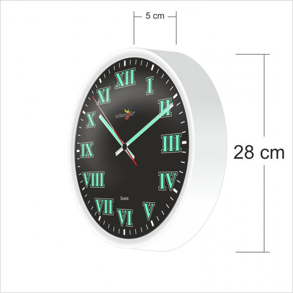 Büyük 28 cm Fosforlu Klasik Romen Rakkamlı Beyaz Çerçeveli Ön Camlı Siyah Zeminli Sessiz Duvar Saati - 2