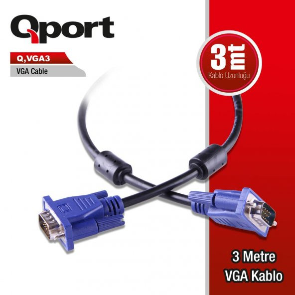 QPORT Q-VGA3 3,0m VGA (Monitör)KABLOSU ,FİLTRELİ