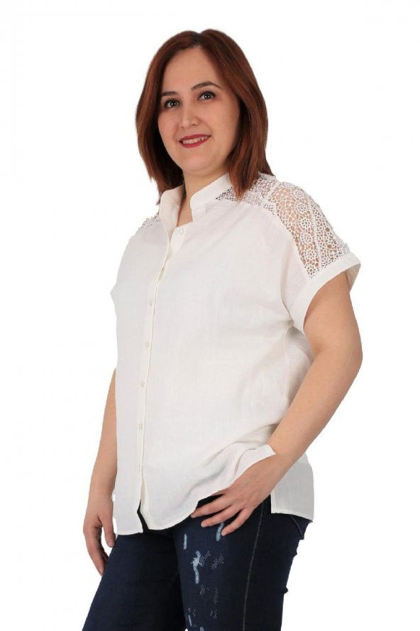 Günay Kadın Büyük Beden Gömlek CcBelina1 İlkbahar Yaz Omuz Sırt Detay-EKRU