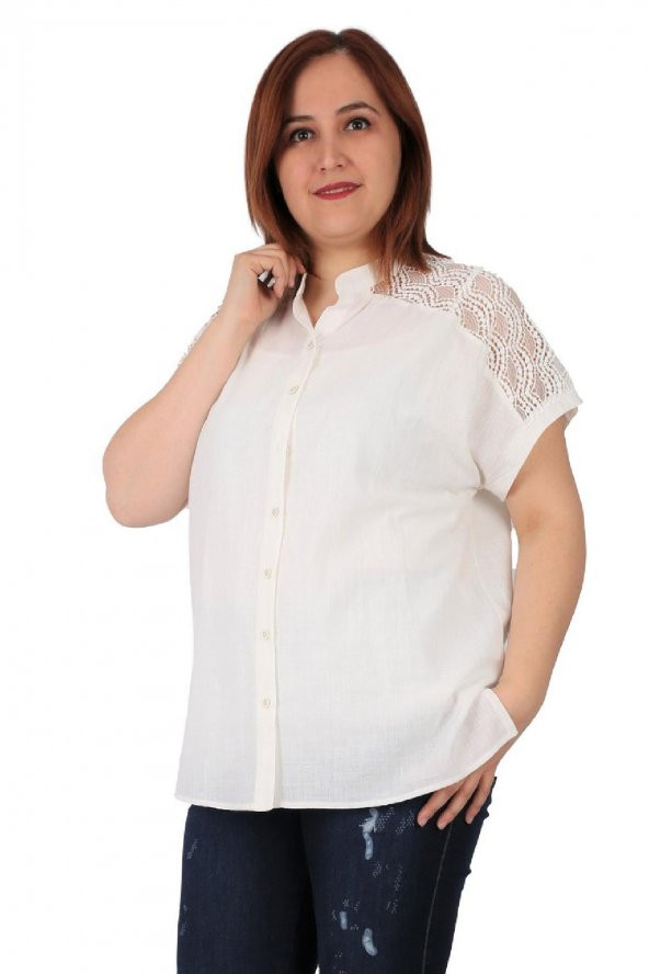 Günay Kadın Büyük Beden Gömlek CcBelina İlkbahar Yaz Omuz Sırt Detay-EKRU