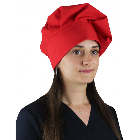 DrMia Unisex Şef Aşçı Kep Aşçı Şapkası Mantar Kep  Alpaka Kumaş Kırmızı