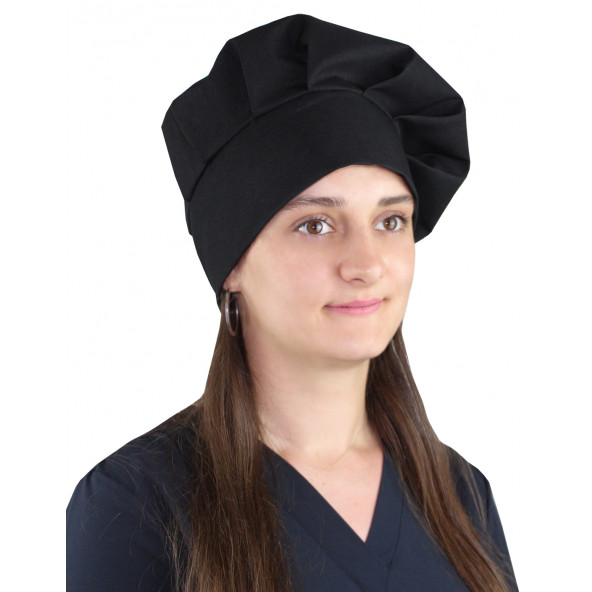 DrMia Unisex Şef Aşçı Kep Aşçı Şapkası Mantar Kep  Alpaka Kumaş Siyah