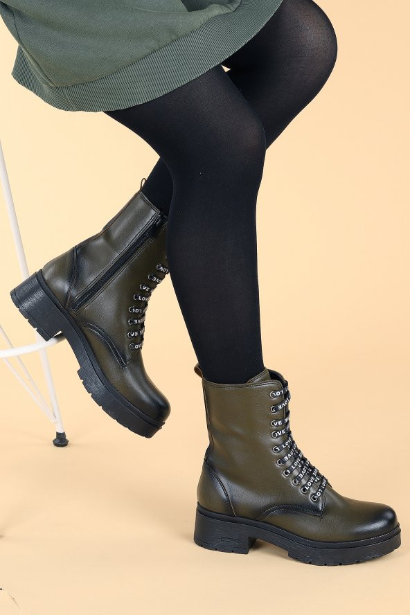 Ayakland 2463-2115 Cilt Fermuarlı Termo Kadın Bot Ayakkabı Yeşil