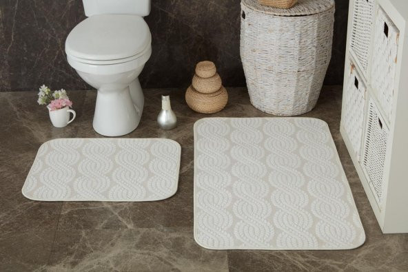 6014 Bej Dekoratif Yumuşak Dokulu Modern Banyo Paspası ve Klozet Takımı 2li Set