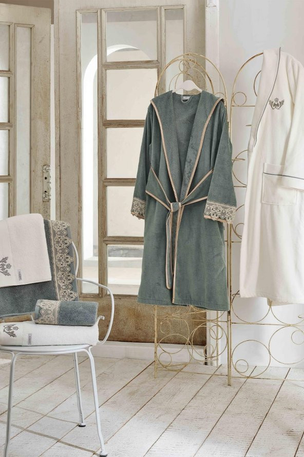 Ecocotton Organik Pamuk Aile Bornoz Seti - Azra Krem-Yeşil 10 Parça - 1