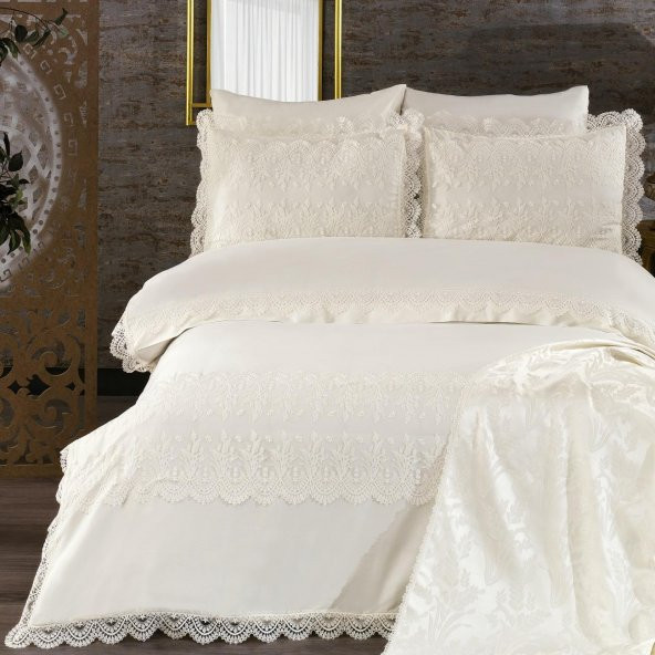 Clara Pamuksaten Dantelli Nevresim Takımı + Pike 7 Parça Set - 5