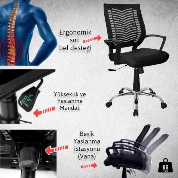 Yumi Krom Çalışma Koltuğu Bilgisayar Koltuğu Fileli Koltuk Çalışma Sandalyes Ofis Koltuğu Büro Koltuğu - 2