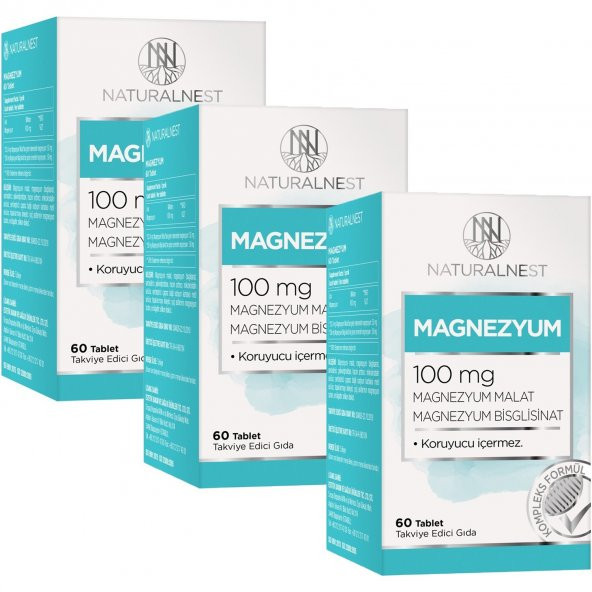 NaturalNest Magnezyum 100 Mg 60 Tablet x3 Kutu