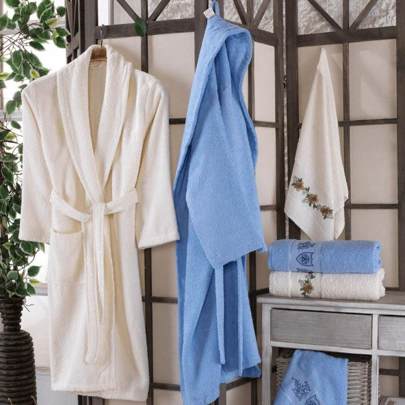 Özel Nakışlı İşlemeli 6 Parça Bornoz Seti Mavi- Beyaz Çeyizlik