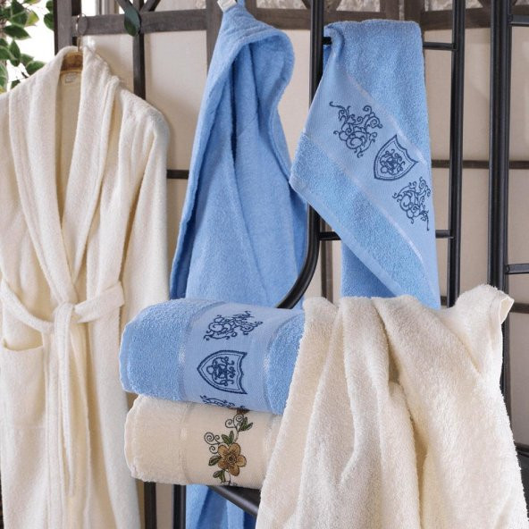 Özel Nakışlı İşlemeli 6 Parça Bornoz Seti Mavi- Beyaz Çeyizlik - 2