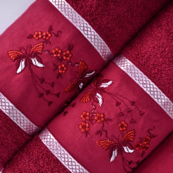 Melisa 4 Parça Nakışlı Bordo Hamam Seti - 2