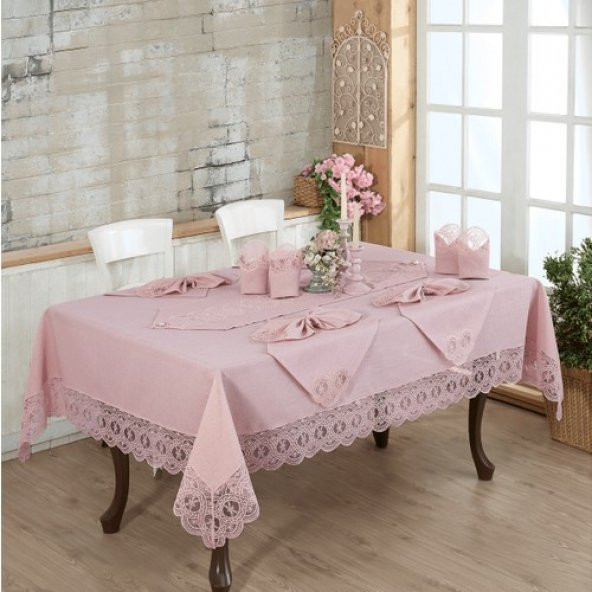 Keten Masa Örtüsü Takımı 12 Kişilik Pudra