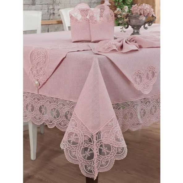 Keten Masa Örtüsü Takımı 12 Kişilik Pudra - 2