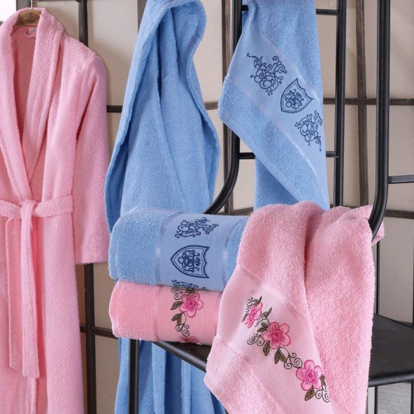 Özel Nakışlı İşlemeli 6 Parça Bornoz Seti Pembe- Mavi Çeyizlik - 2