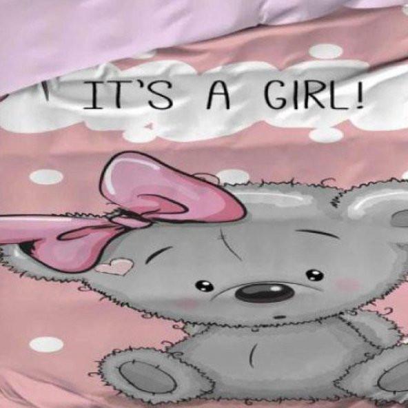 Bebek/Baby Its A Girl Ayıcık  100 Pamuk/Cotton Pembe Kız  Nevresim Takımı/Seti Yumuşak 2 Yatık Kılıflı 3D Baskılı - 2