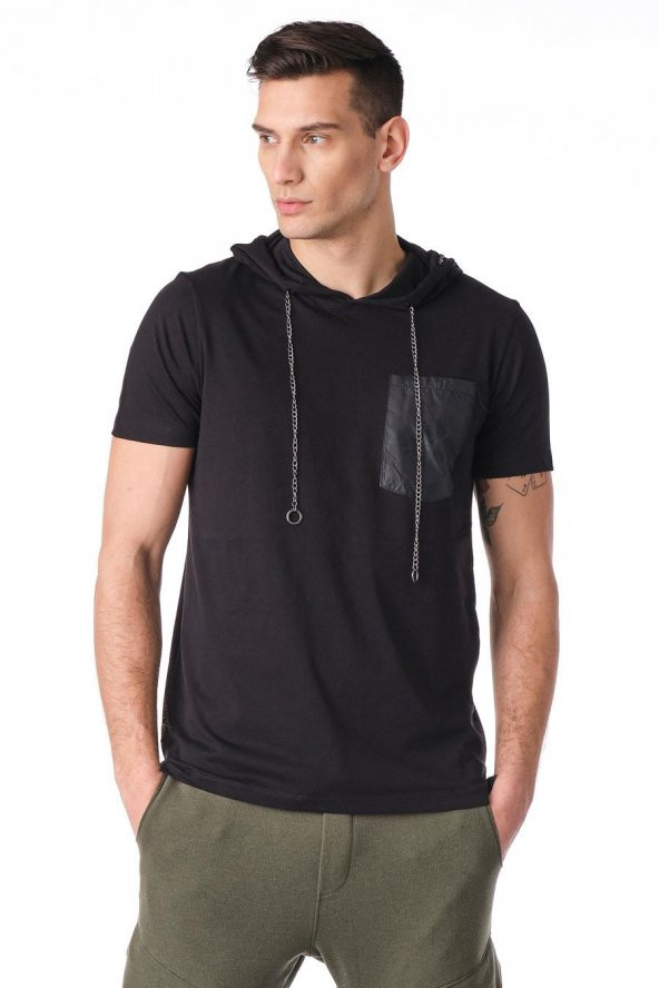 Kapüşonlu Deri Cepli Erkek Tshirt - 2