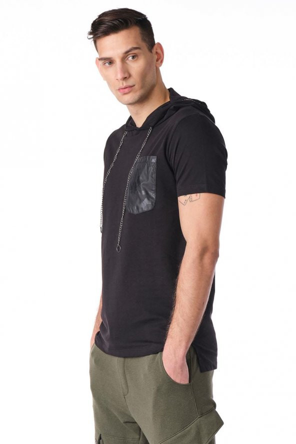 Kapüşonlu Deri Cepli Erkek Tshirt - 3